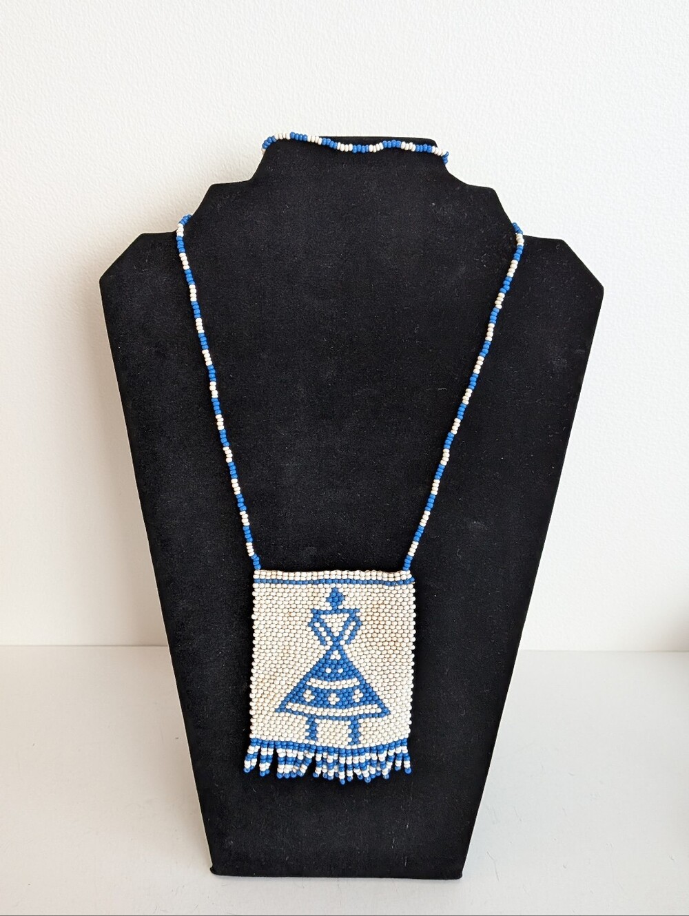 Vintage Tribal seed bead woven Dancer pendant necklace Fringed Edge
